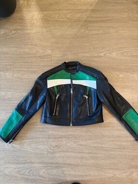 Lioness Black, Green & White Colorblock Moto Jacket